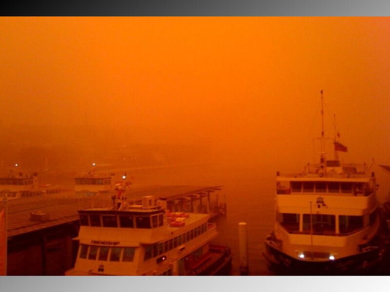 Foggy harbor with boats