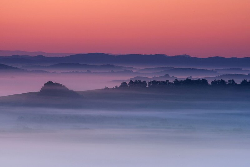 Foggy Hills at Dawn — Pink