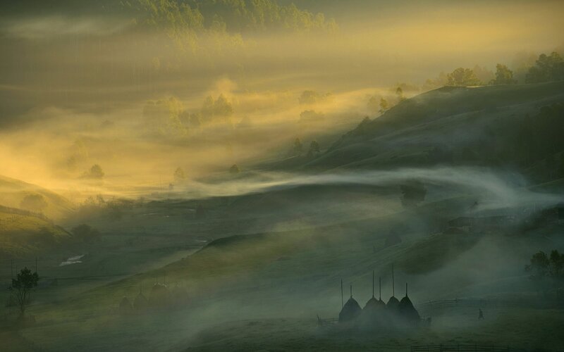 Foggy Hills at Sunrise — Green, Serene, Photograph