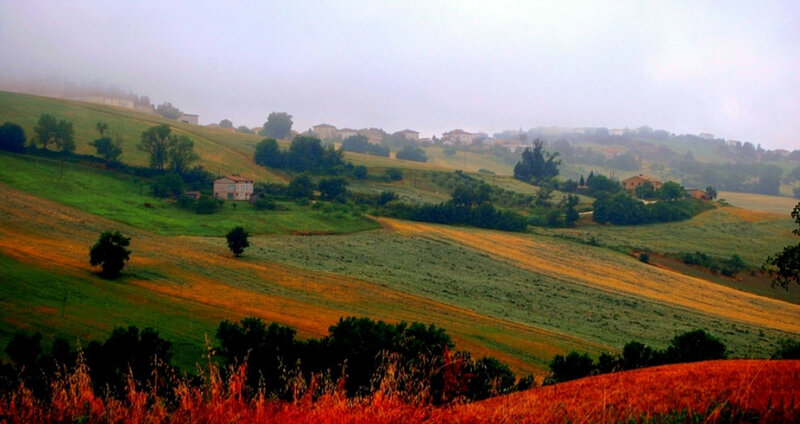 foggy hills with scattered houses