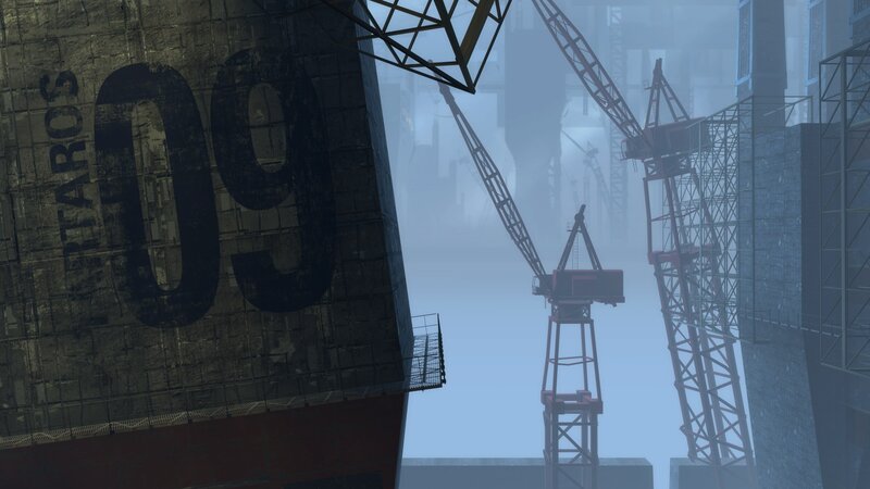 foggy industrial port scene