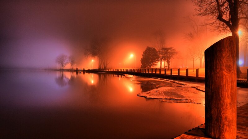 Foggy Lake at Night — Orange, Mysterious
