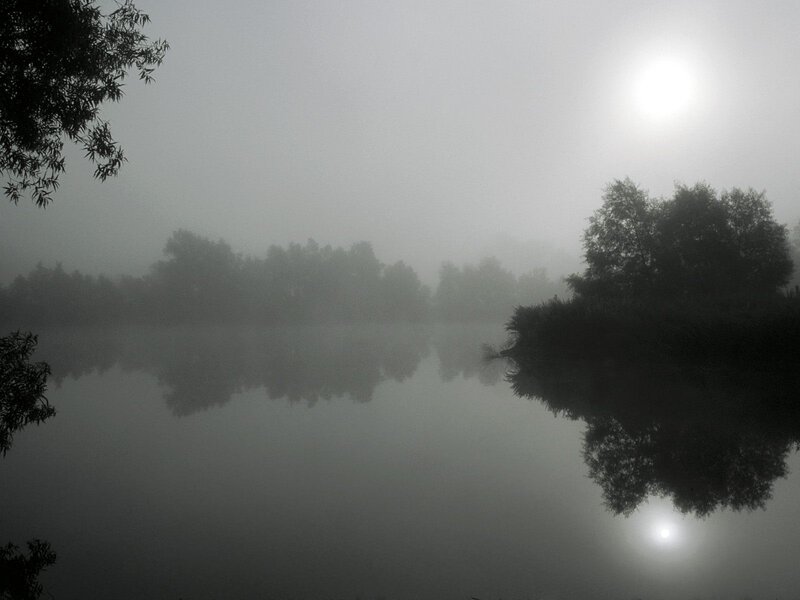 Foggy lake at sunrise