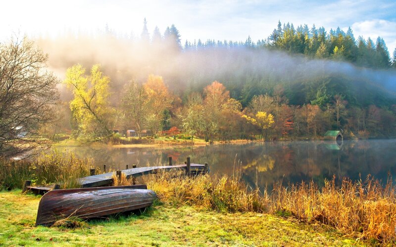 Foggy lake at sunrise