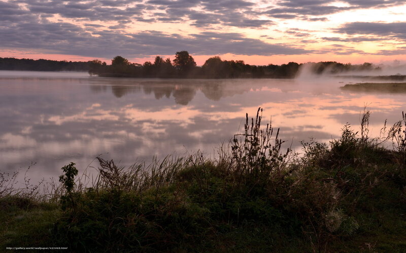 Foggy lake at sunrise
