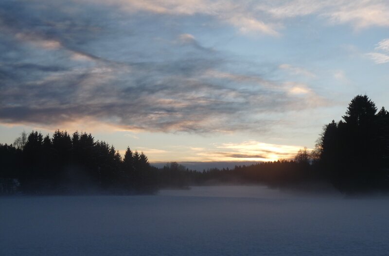 Foggy Lake at Sunrise — Blue, Serene, Photograph