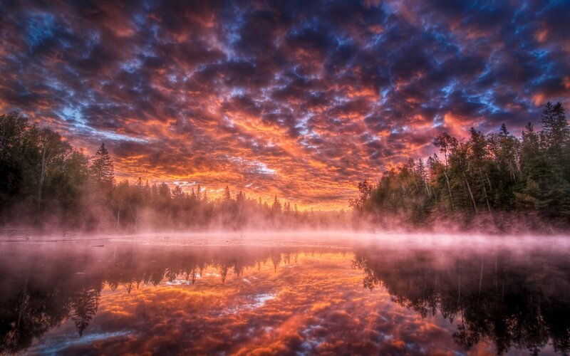 Foggy Lake at Sunrise — Orange, Dramatic