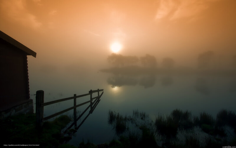 Foggy Lake at Sunrise — Orange, Serene, Photograph, Sun