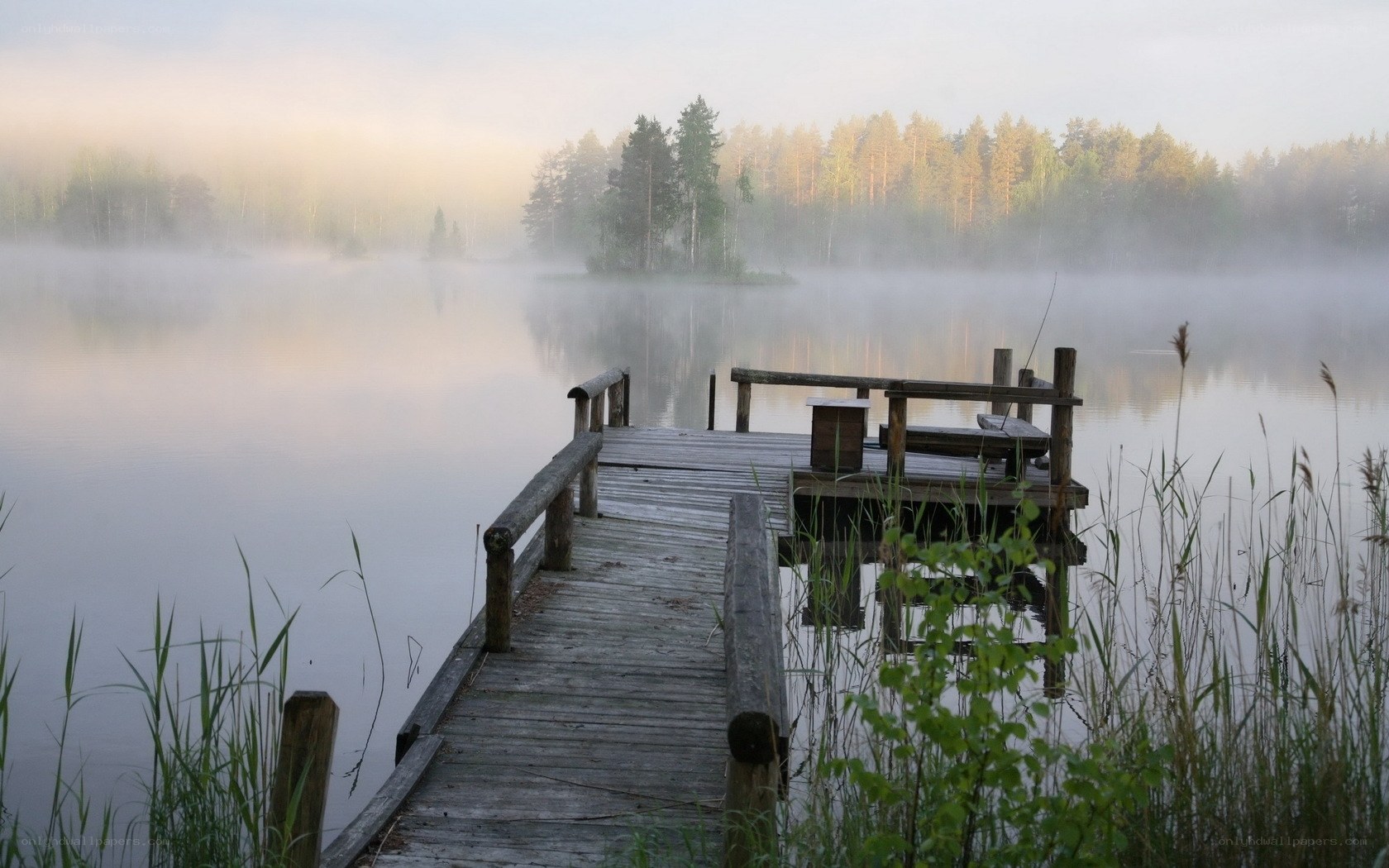 Foggy lake dock at dawn