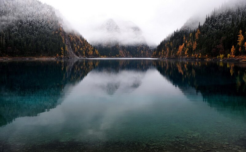 Foggy Lake in Mountains — Blue
