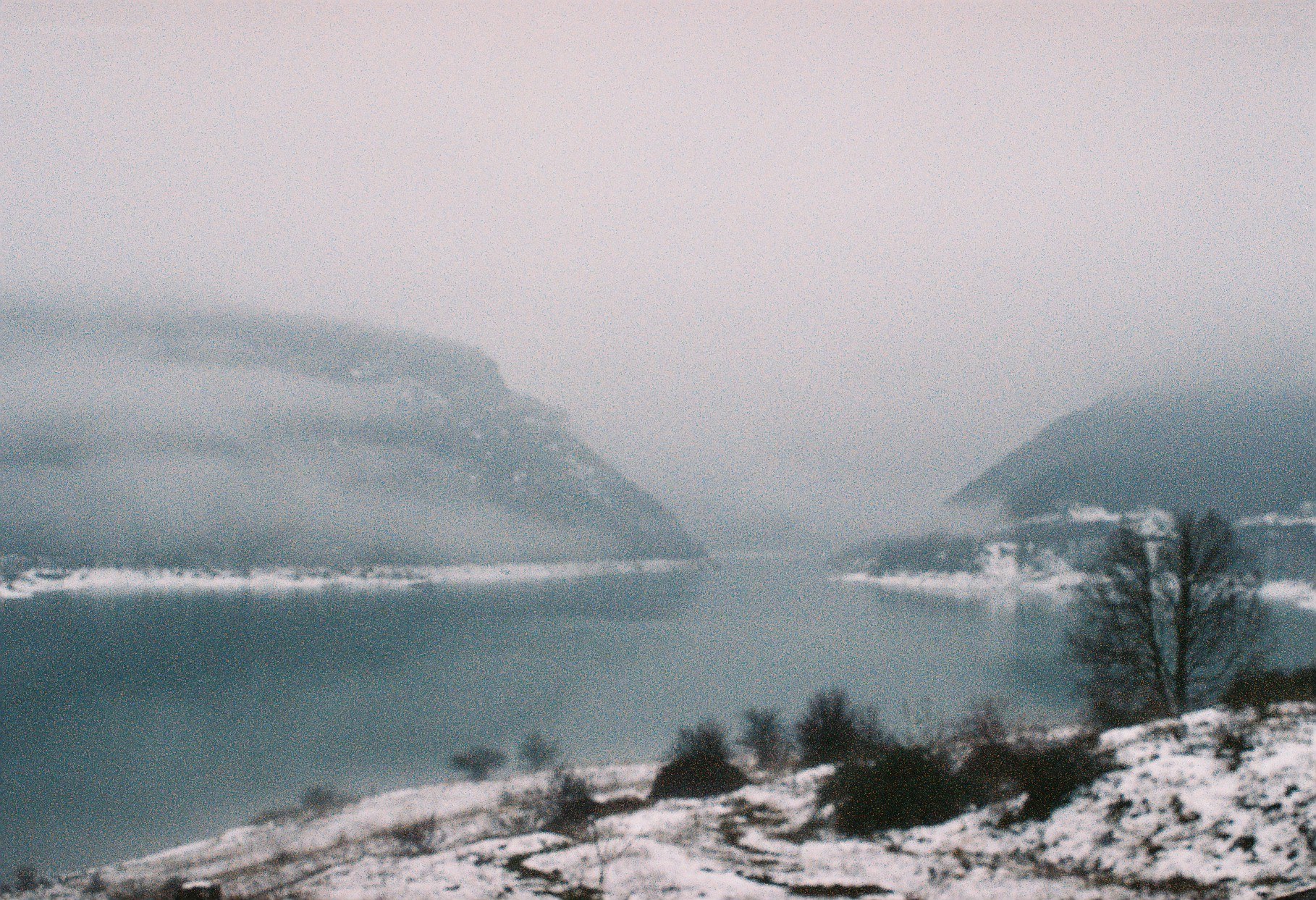 foggy lake in winter