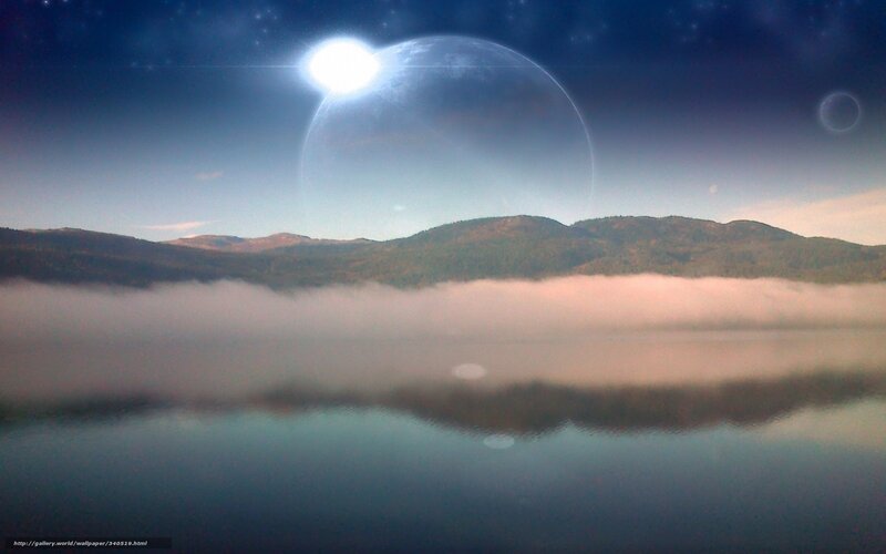 Foggy lake with alien planet