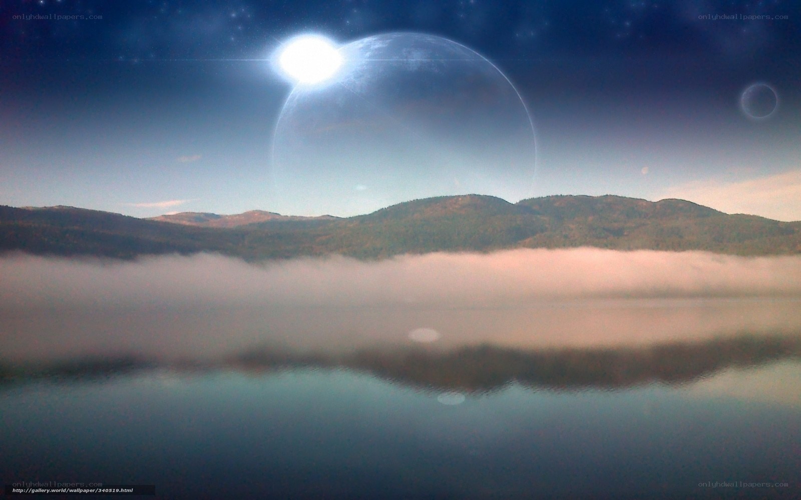Foggy lake with alien planet