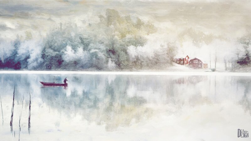 Foggy lake with boat and cabin