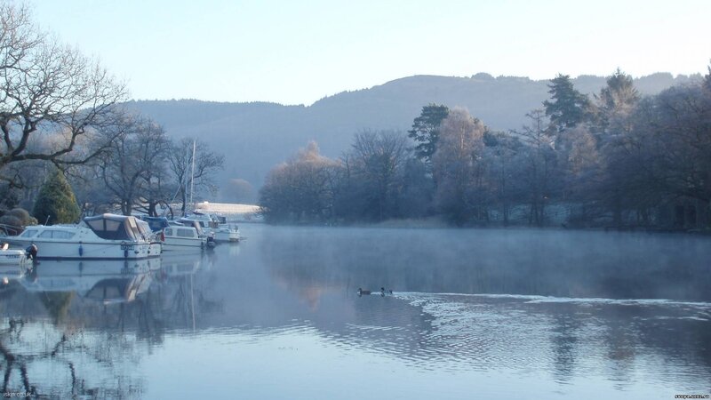 Foggy Lake with Boats — Blue