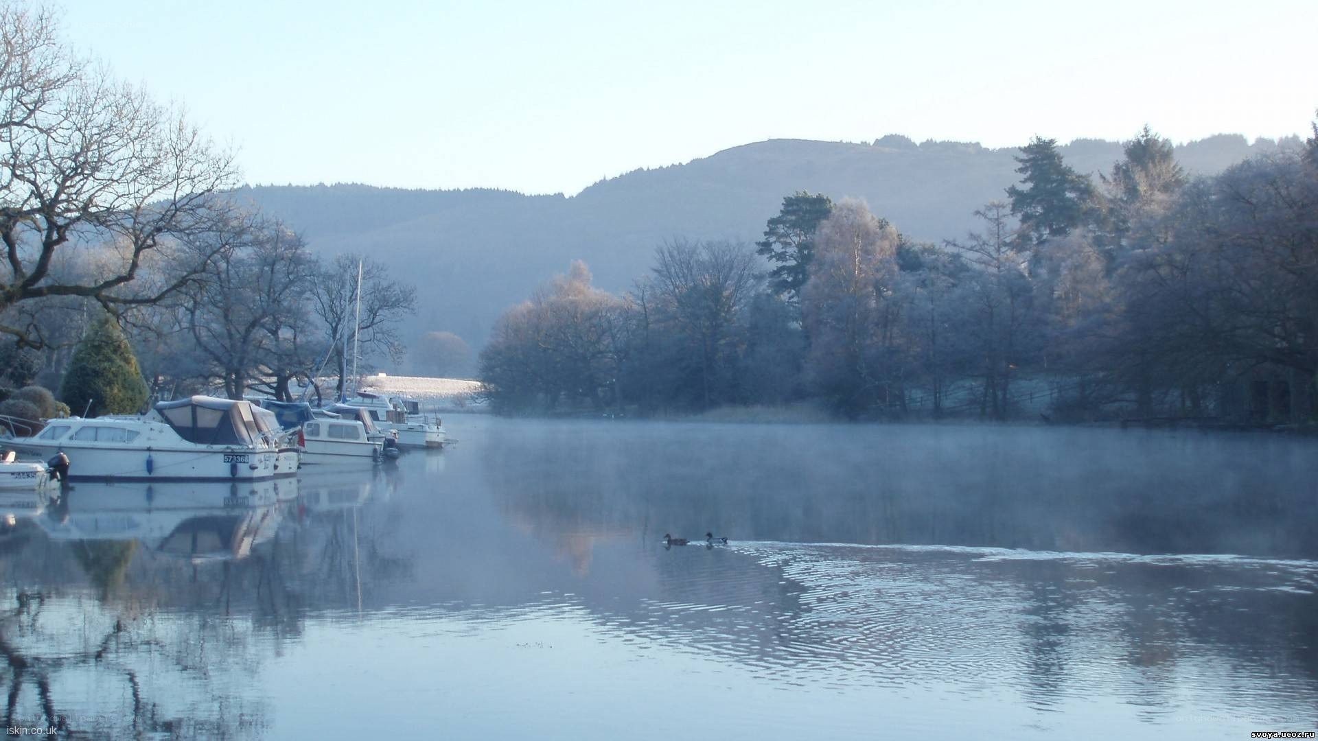 foggy lake with boats