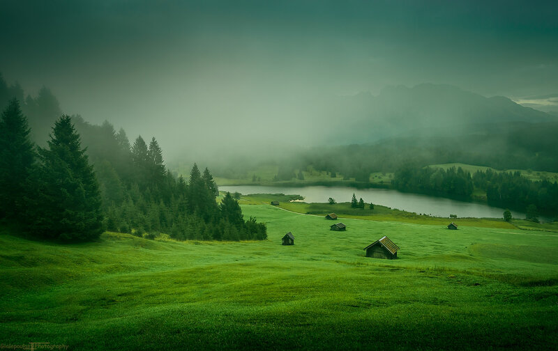 Foggy Lake with Cabins — Green, Misty