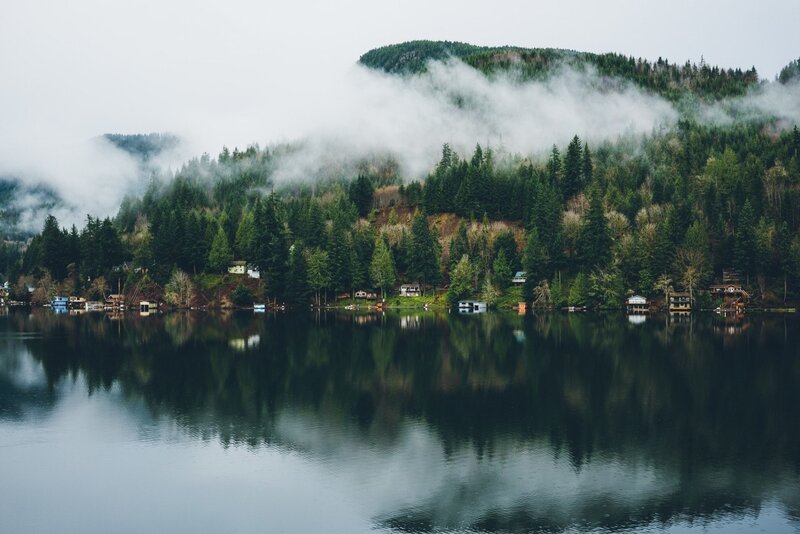 Foggy Lake with Cabins — Green