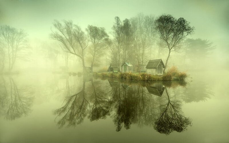 Foggy Lake with Cabins