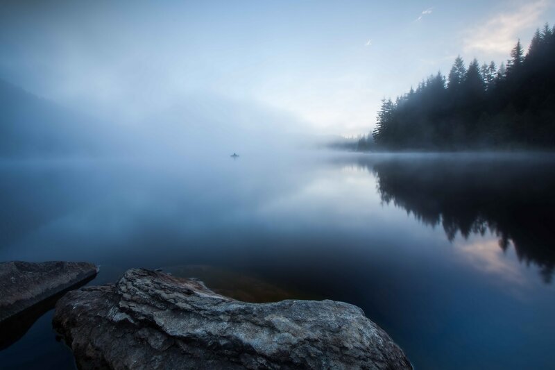 Foggy Lake with Canoe