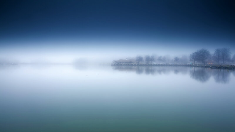 Foggy Lake with Dock — Blue