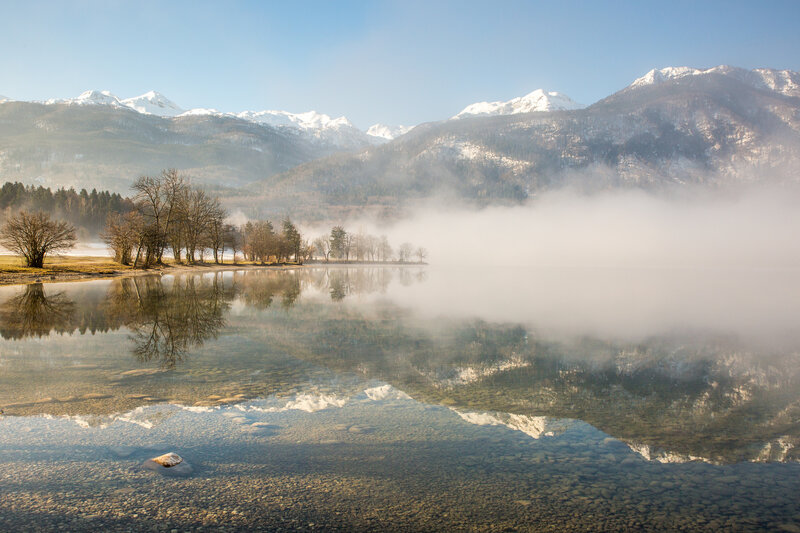 Foggy Lake with Mountains — Blue