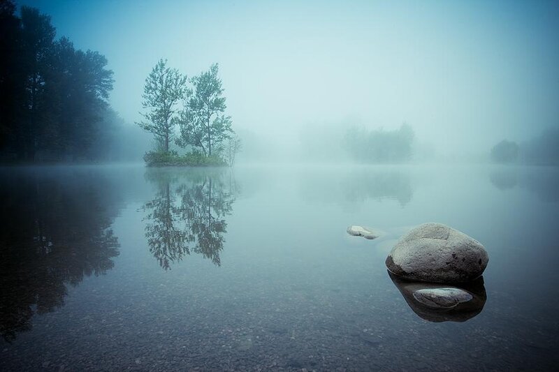 Foggy Lake with Rocks — Blue