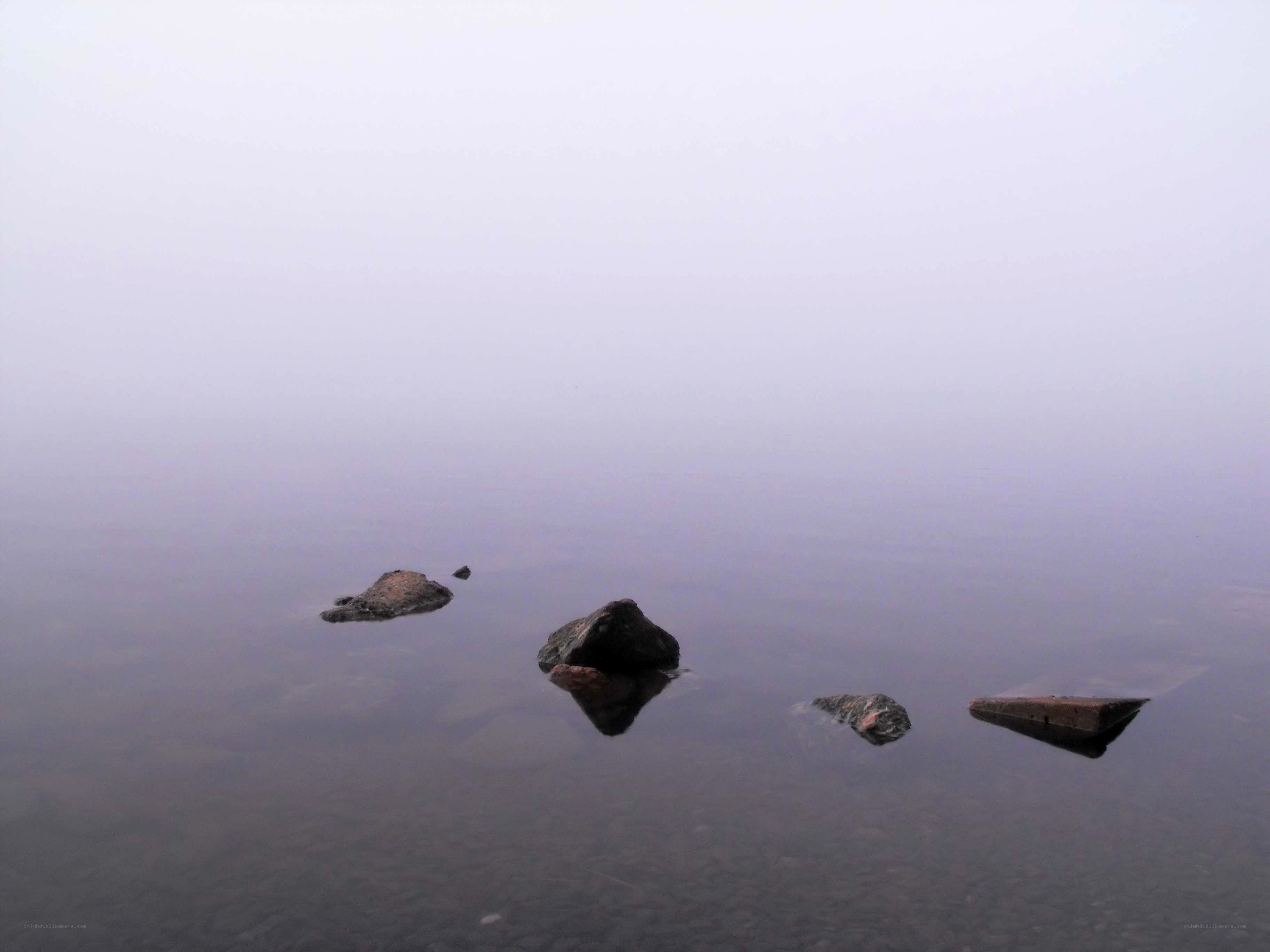 Foggy lake with rocks