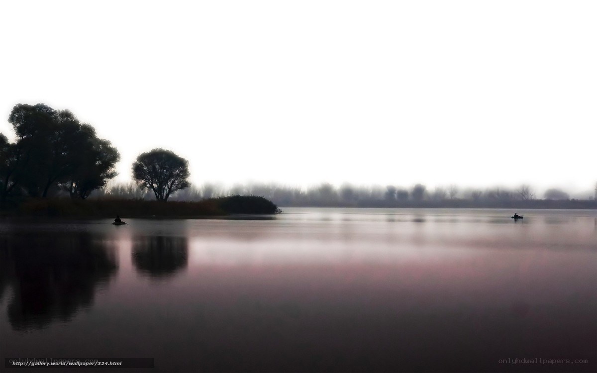 Foggy lake with silhouettes