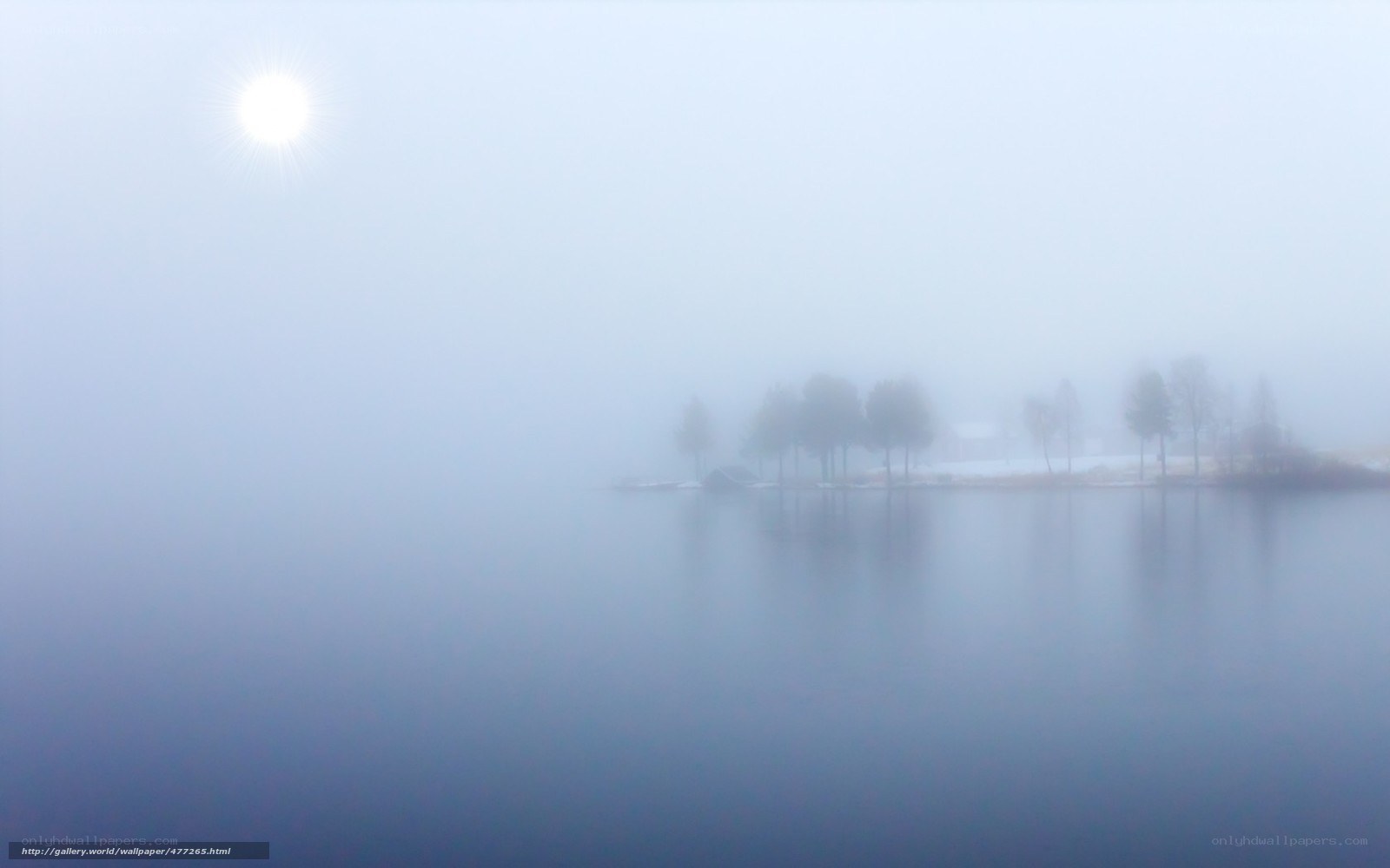 Foggy lake with sun