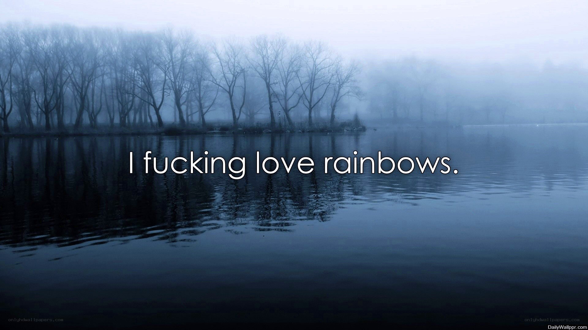 foggy lake with text