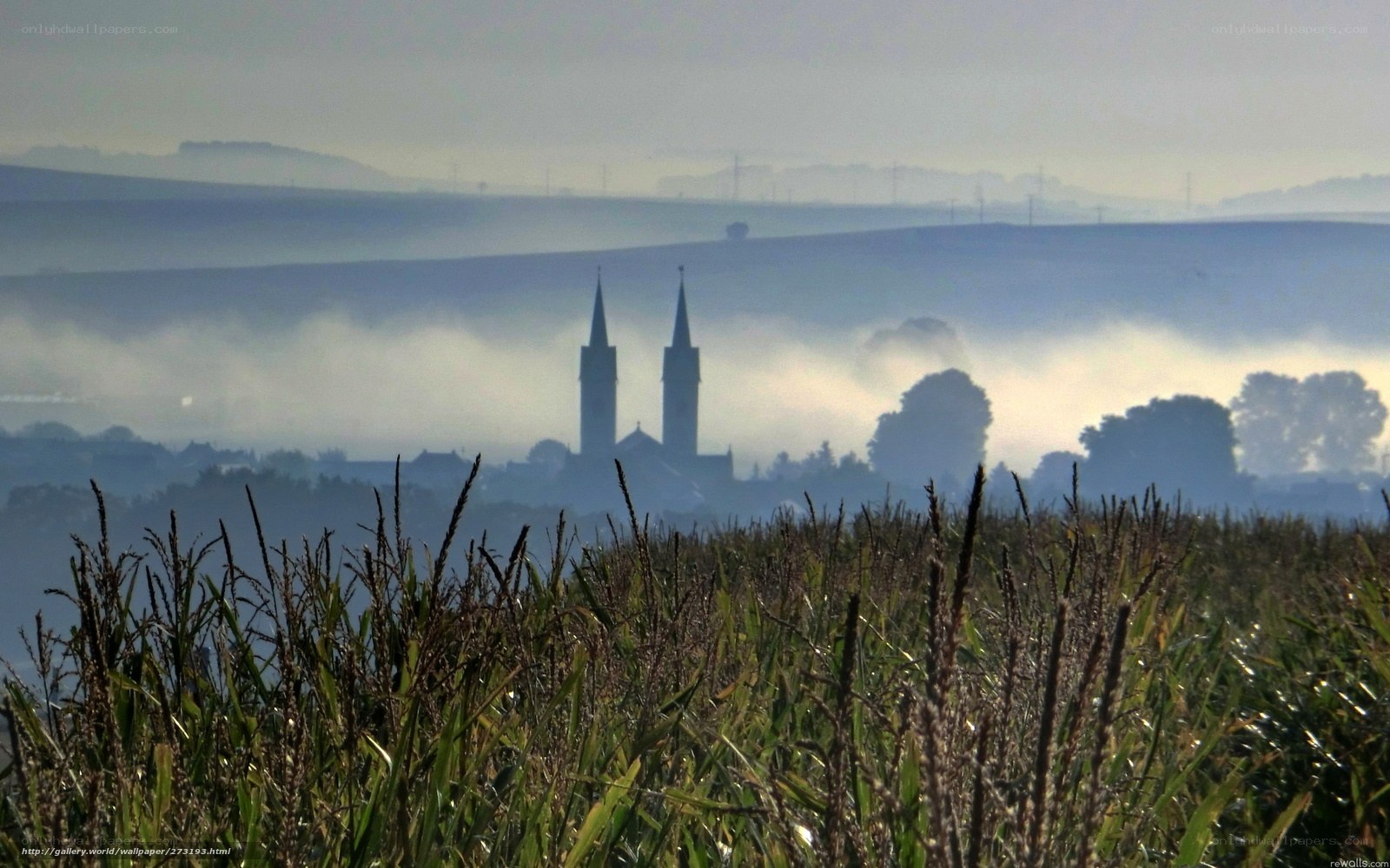 Foggy landscape with church spires