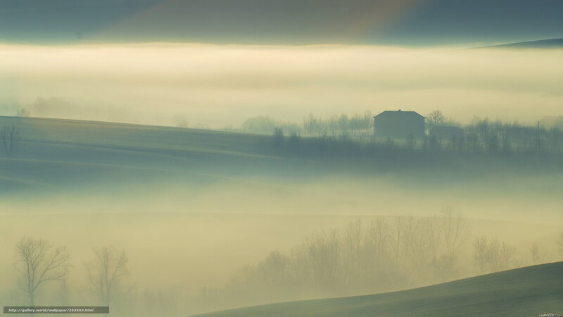 Foggy landscape with house