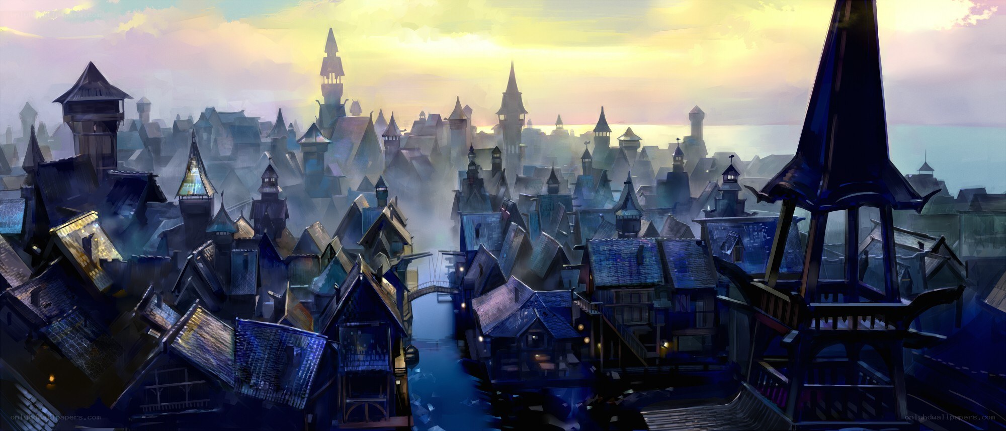 foggy medieval cityscape