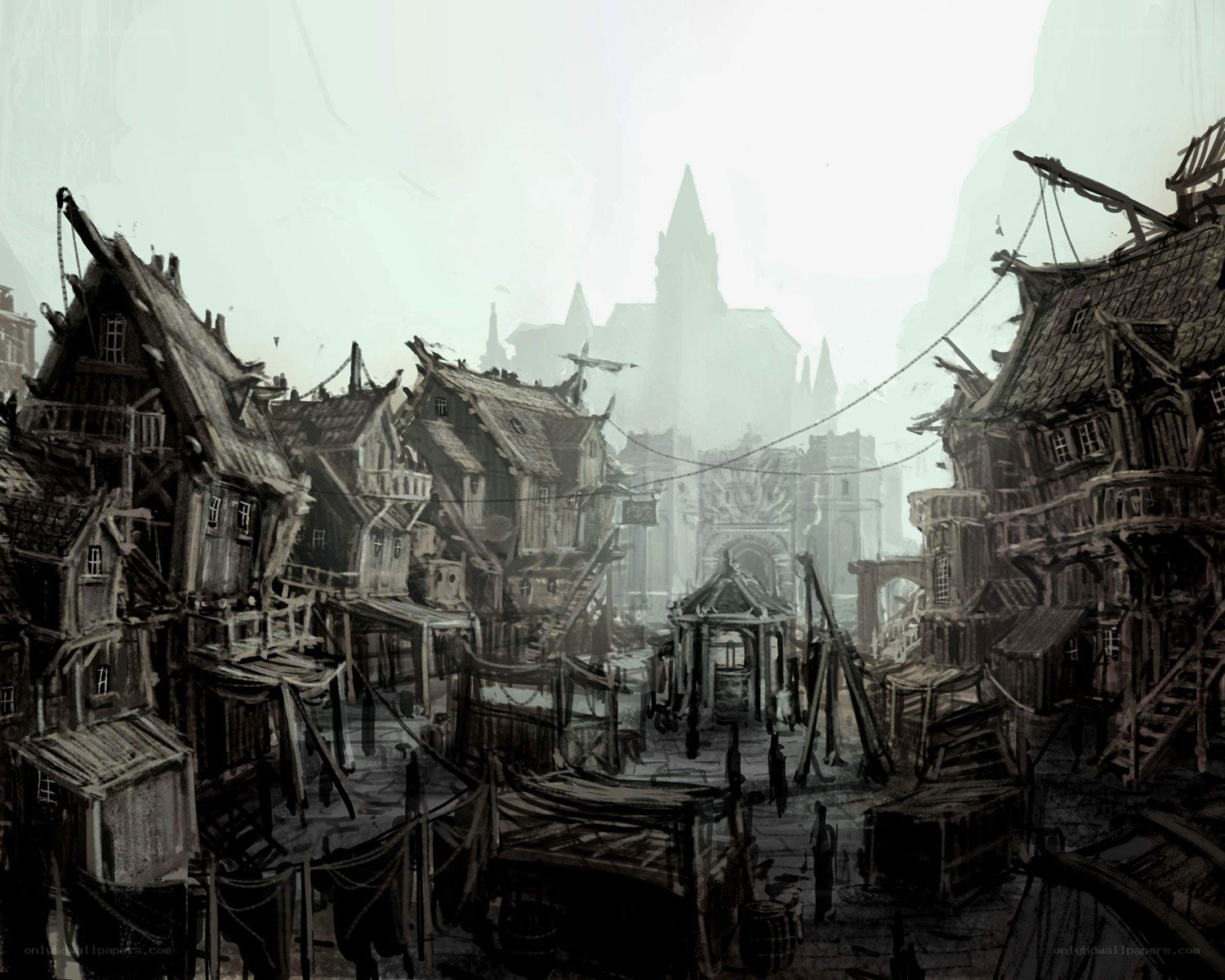 foggy medieval port town
