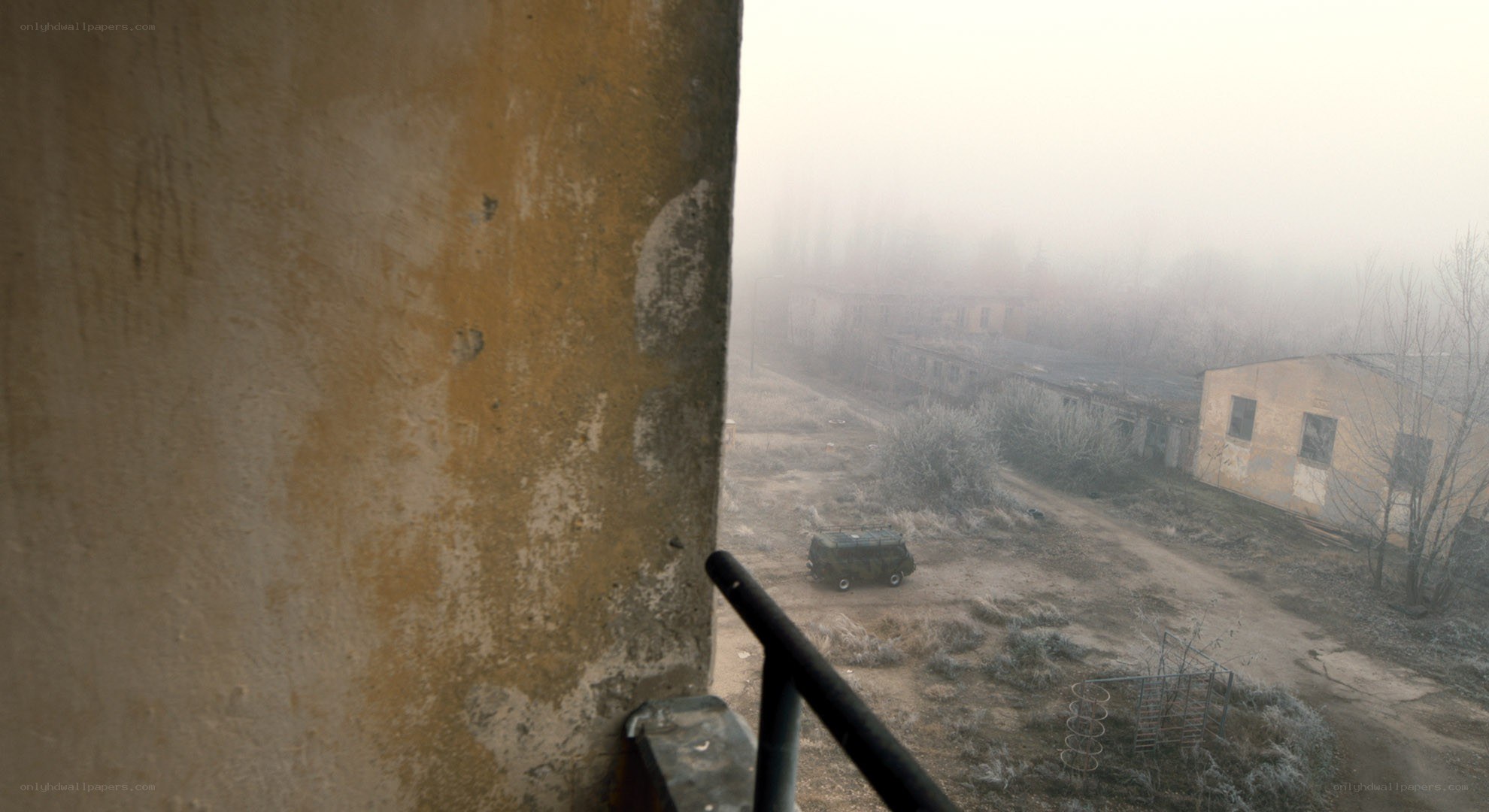 Foggy military base view