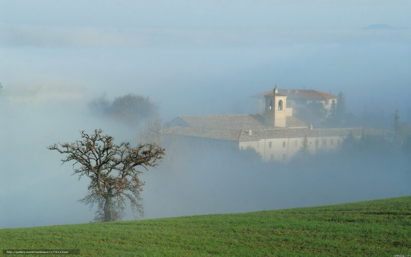 Foggy monastery landscape