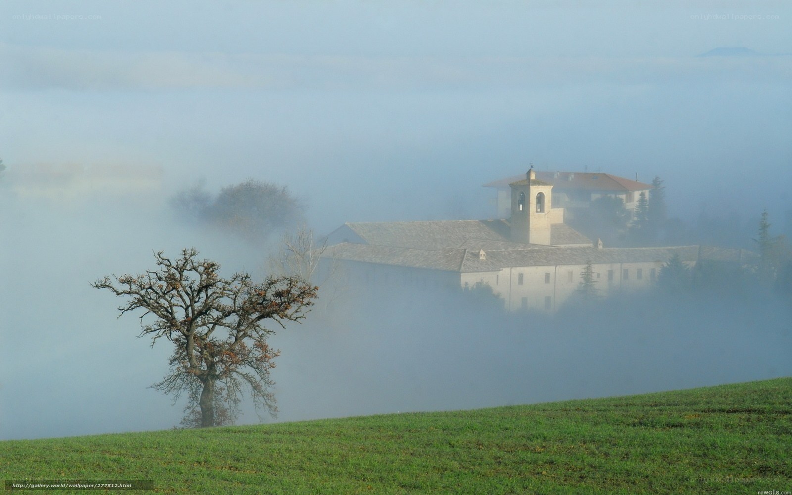 Foggy monastery landscape