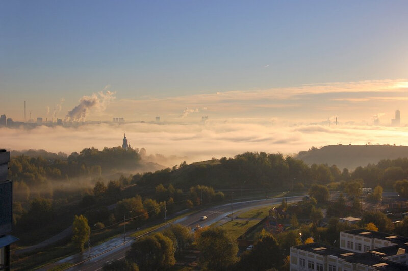 Foggy morning over a city