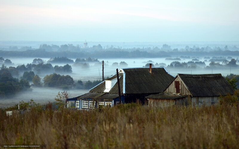 Foggy morning over rural houses