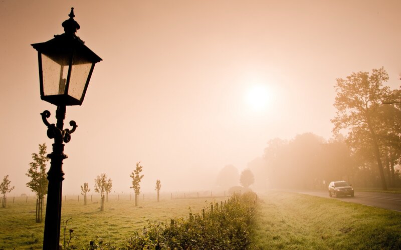 Foggy morning with street lamp