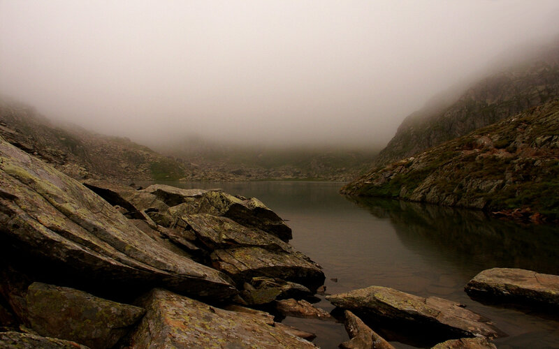 Foggy mountain lake