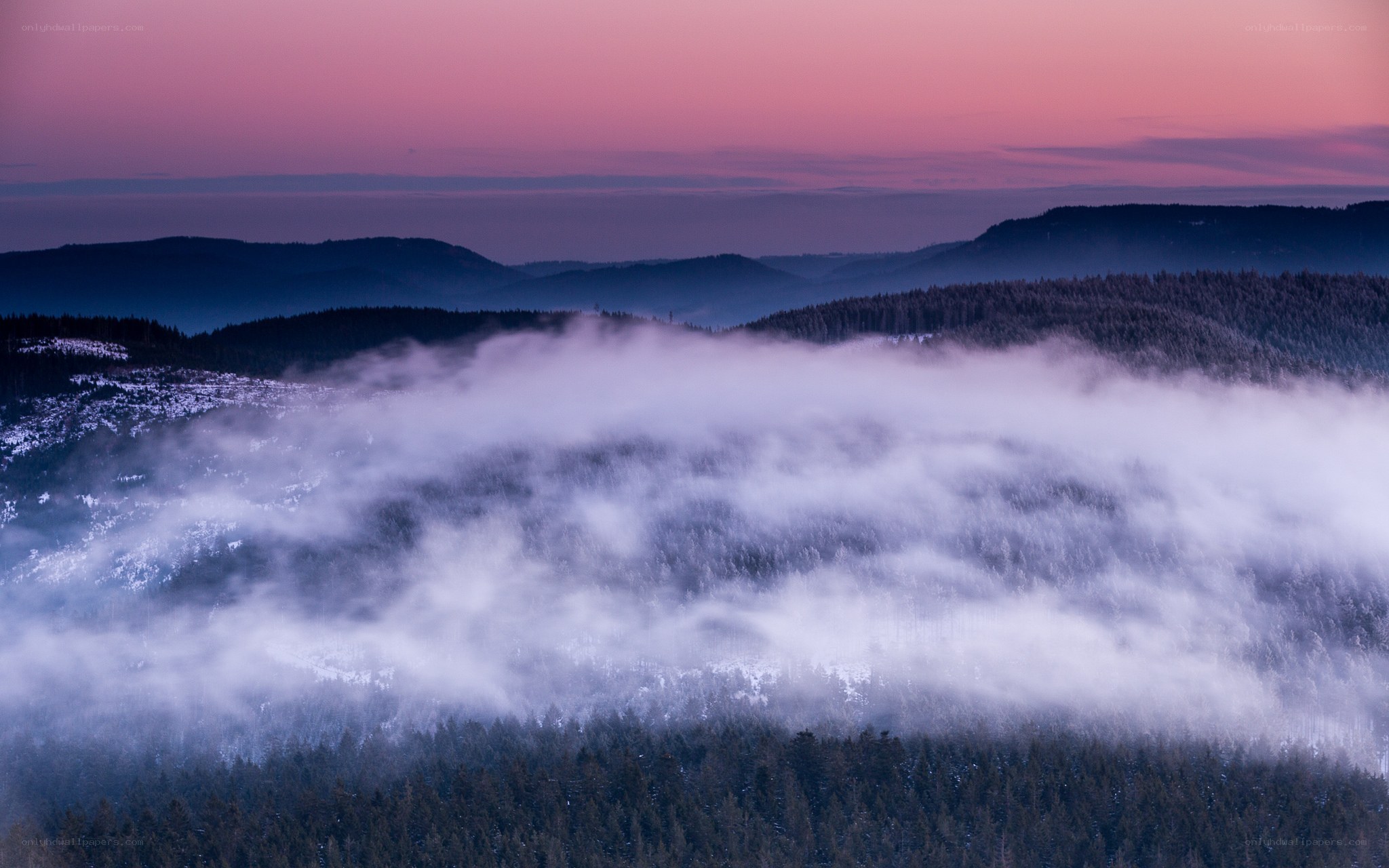 Foggy mountain landscape at dusk