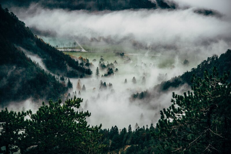 Foggy Mountain Valley — Green, Misty, Morning, Photograph