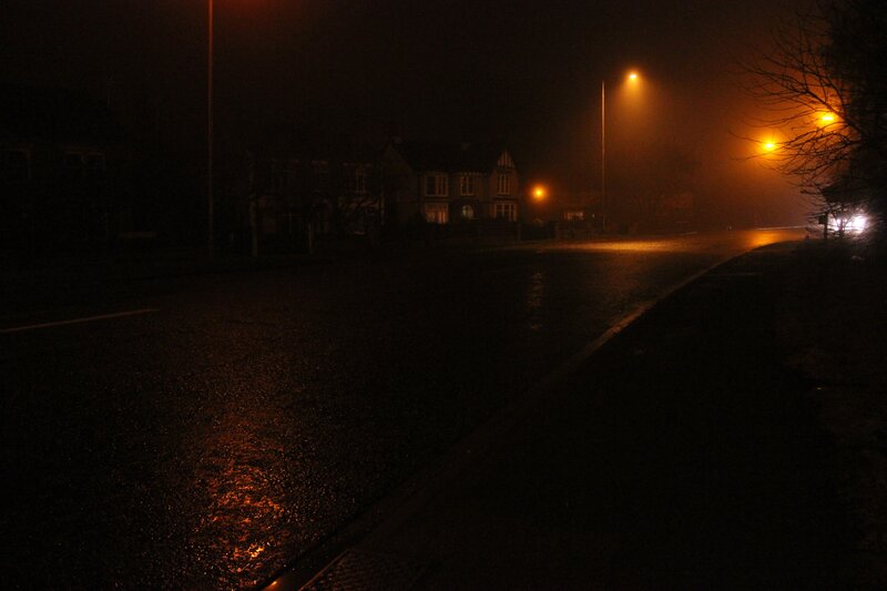 foggy night street scene