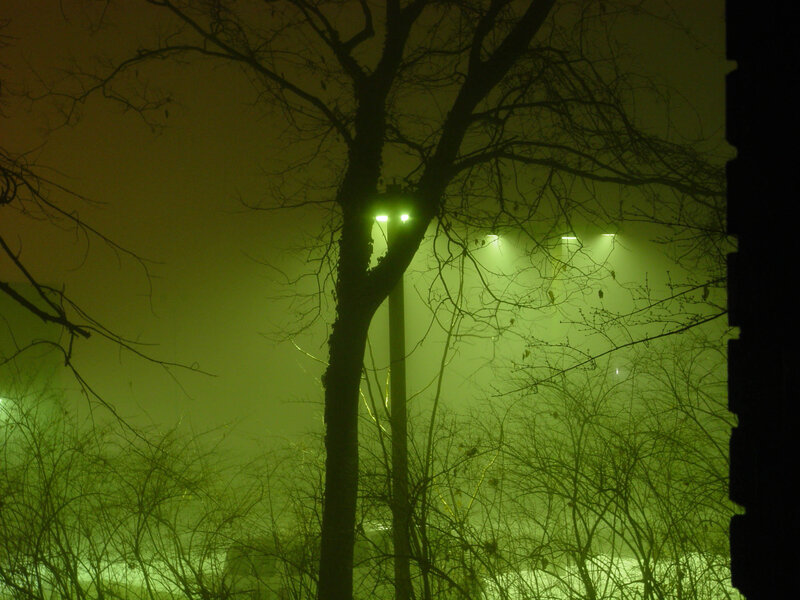 foggy night with green lights