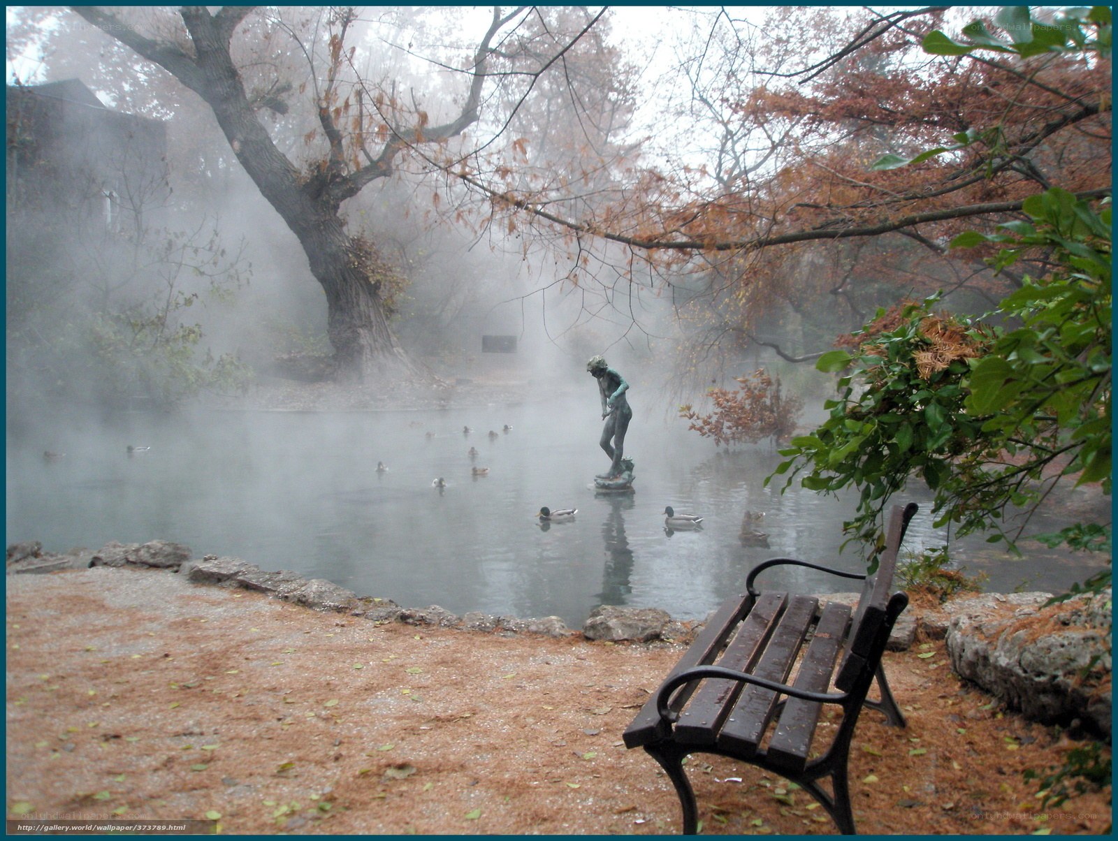 Foggy park pond with statue