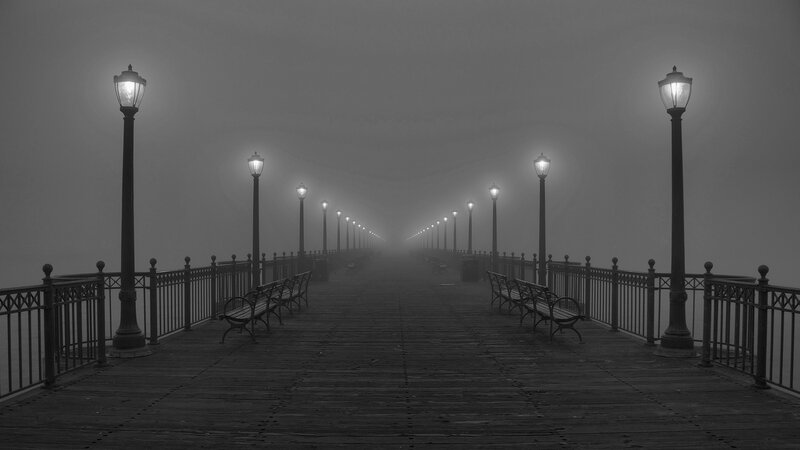foggy pier at dawn