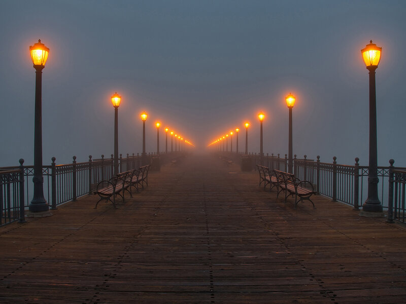 Foggy Pier at Dawn — Brown, Misty