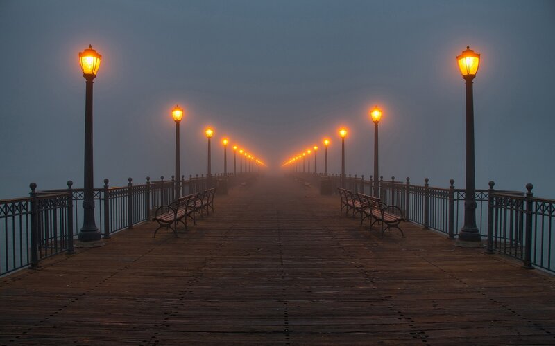 Foggy Pier at Dawn — Brown, Serene, Morning, Photograph, Streetlights, Benches, Railings, Gray, Yellow